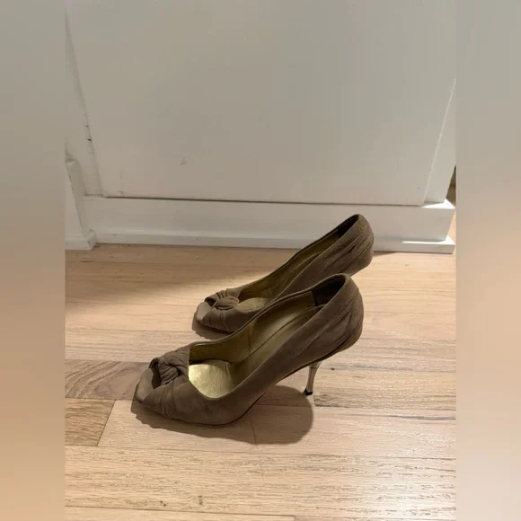 Prada Women's Taupe Suede Knotted Peep-Toe Heels - Picture 6 of 7